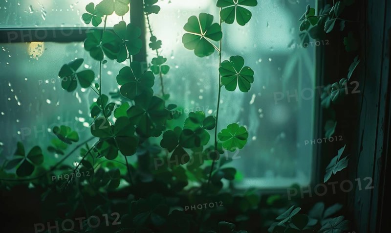 Green clover leaves in front of a window with raindrops. AI generated