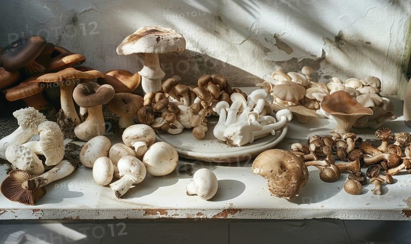 Mushrooms in the kitchen on the table. The concept of a healthy lifestyle. AI generated