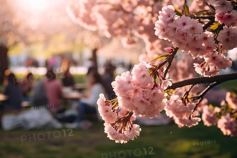 Pink sakura Cherry tree flowers with people gathering on picnic blankets in blurry background during Japanese Hanami festival. KI generiert, generiert AI generated