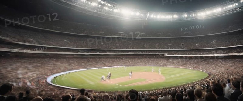 Motion-blurred view of a crowded stadium during a baseball game, horizontal wide aspect ratio, daylight, AI generated