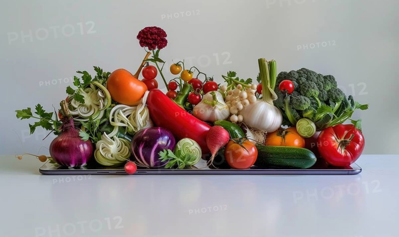 Vegetables in a tray on a white table in the kitchen. AI generated
