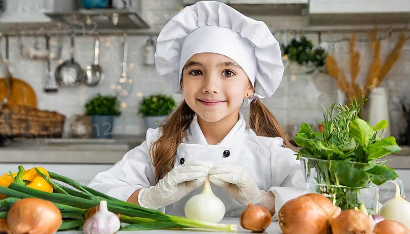 AI generated, human, humans, person, persons, child, children, 8 year old girl cutting onions in a white kitchen, chef hat, smock, cute, cute, beautiful eyes, beautiful teeth, cook, cook, kitchen table, vegetables, onions, garlic