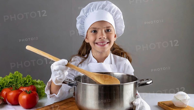 AI generated, human, humans, person, persons, child, children, 8 year old girl cooking a vegetable soup in a white kitchen, chef's hat, smock, cute, cute, cute, beautiful eyes, beautiful teeth, cook, cook, kitchen table, vegetables, onions, garlic