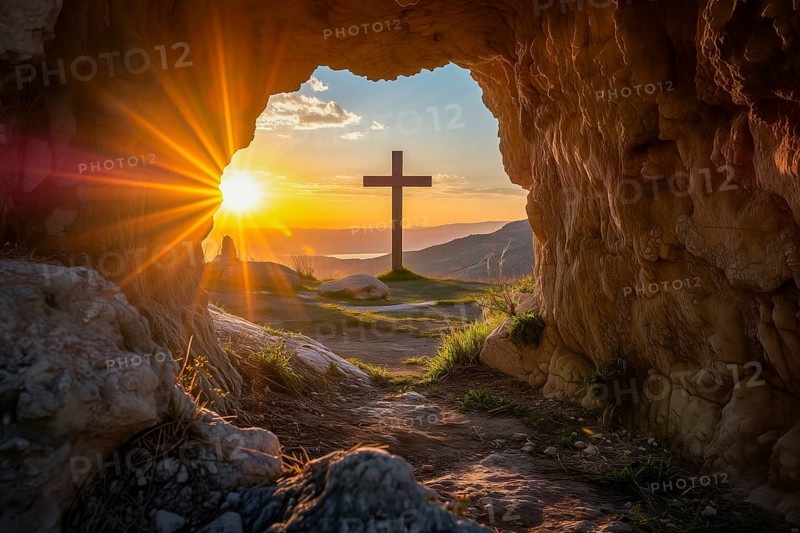 Easter concept cross on Golgotha Calvary hill against a dramatic sunset seen from open tomb of Jesus, AI generated