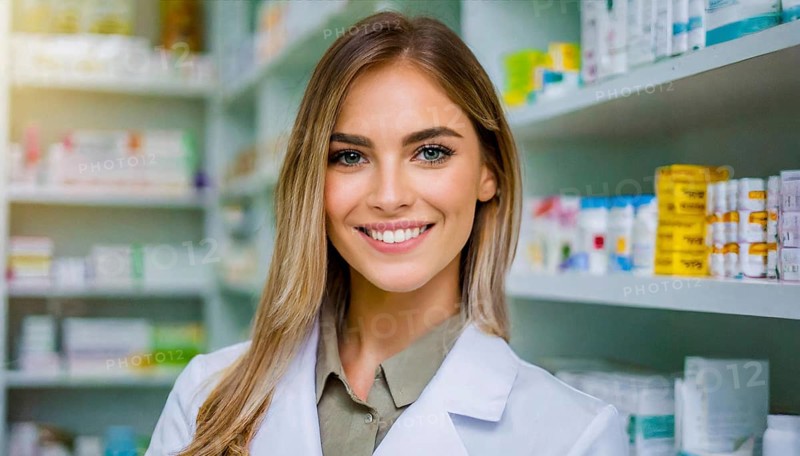 AI generated, A young pharmacist in her pharmacy, portrait, 30, 35, years, female, blonde, blond, blonde, beautiful teeth, smiles, long hair, profession, professions, medicines in the background