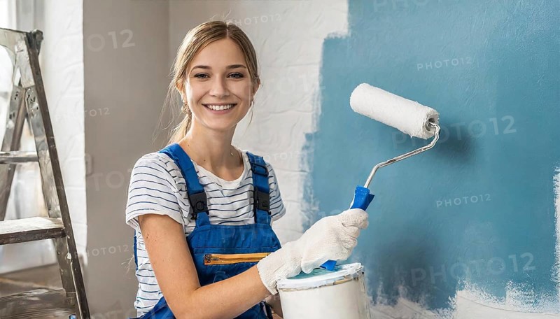 AI generated, woman, woman, a young girl paints a wall with new paint, blue, light blue, blue, light blue, renovation of old flat, paint roller, ladder, paint, 20, 25, years, a, a person, daughter, student, pastime, family, girl, smiles, smiling, fun at work, laughing, laughing, laughing, dungarees, jeans