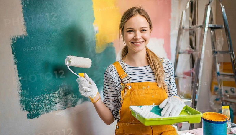 AI generated, woman, woman, a young girl paints a wall with new paint, white, white, renovation of old flat, paint roller, ladder, paint, 20, 25, years, one, one person, daughter, student, pastime, family, girl, smiling, smiling, fun at work, laughing, laughing, laughing, dungarees, jeans