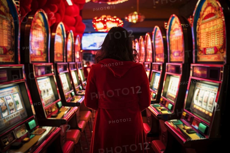 Back view of woman in casino room with gambling slot machines with colorful lights. KI generiert, generiert AI generated