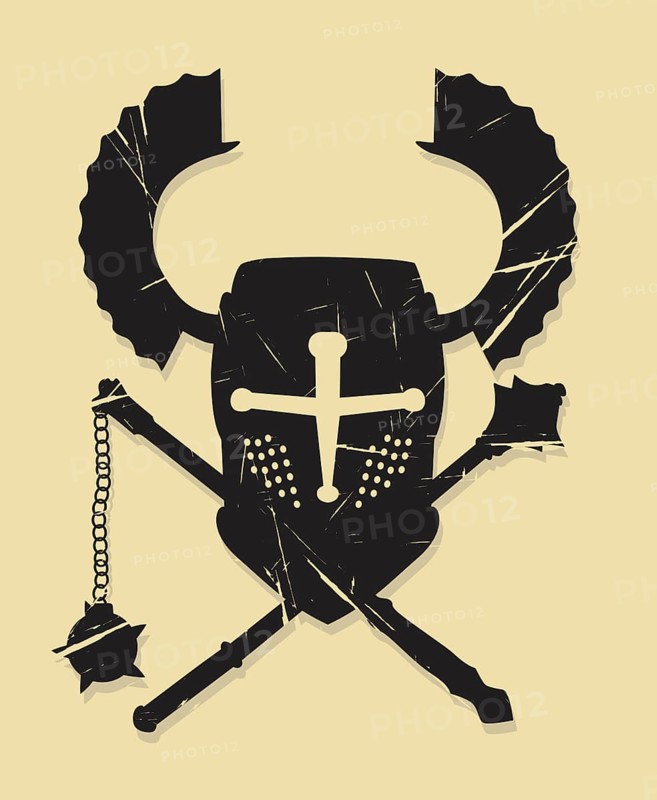 Teutonic knight helmet, mace and flail symbol, vector grunge effect