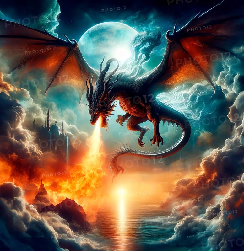 A fire-breathing dragon flies in the sky, symbolic image fantasy, fantasy, fairy tale, myth, fictional, AI generated, AI generated