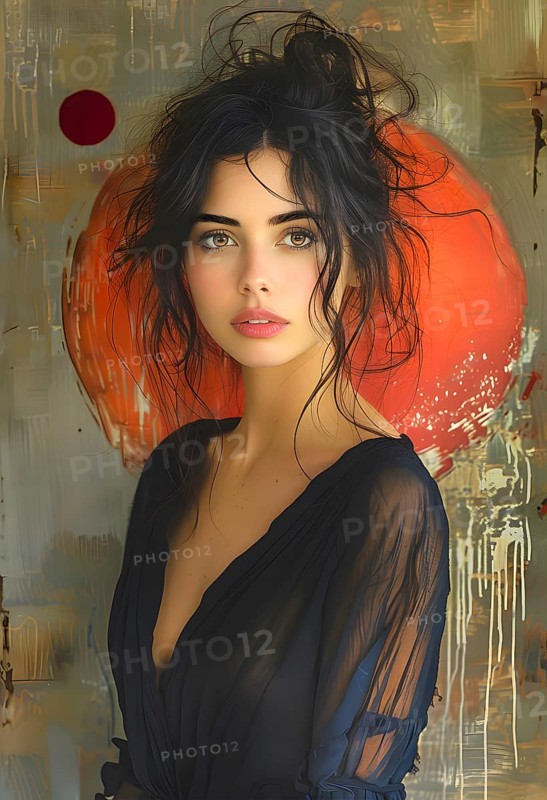 Young woman with pinned up black hair and wrapped in a silk dress, in the background a modern artistic painting, AI generated, AI generated