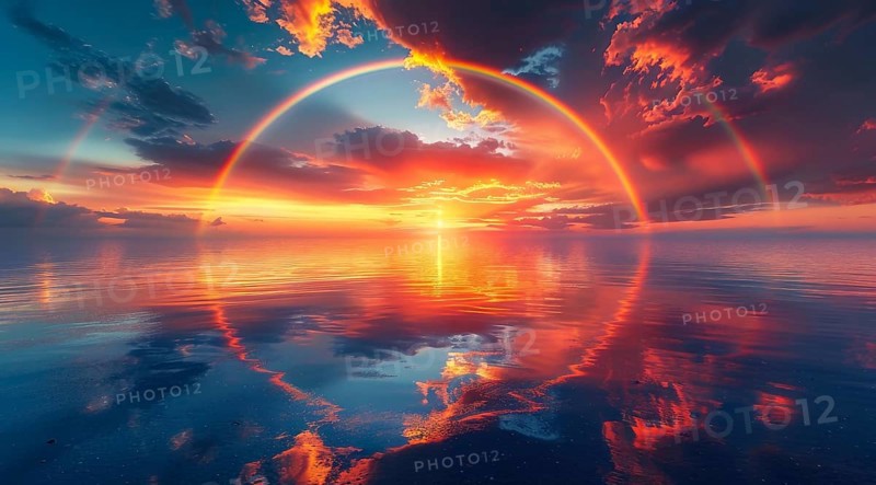 Radiant sunset under a surreal double rainbow with reflections on the ocean, ai generated, AI generated