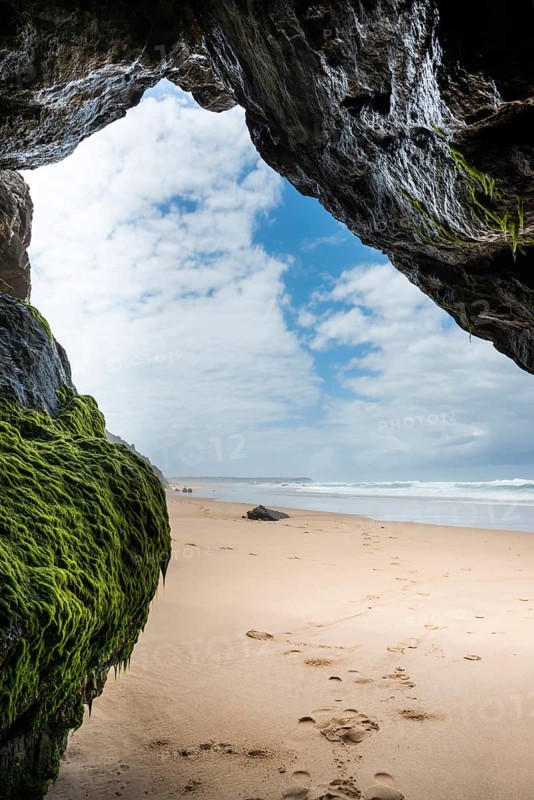 Rocky beach landscape, rocks, sea, Atlantic coast, rocky coast, beach, rock formation, cave, algae, green, natural landscape, travel, nature, Southern Europe, Carrapateira, Algarve, Portugal, Europe