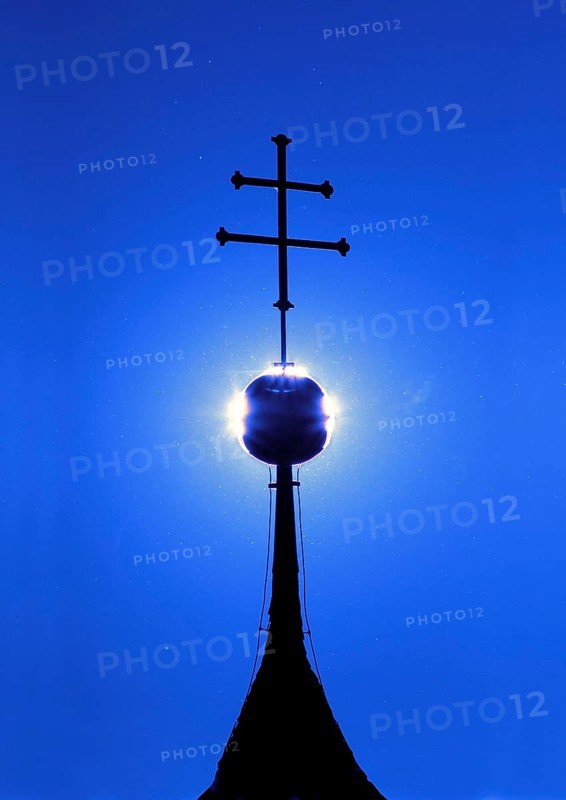 Peak of a church tower near Erding, Bavaria, Germany, Europe