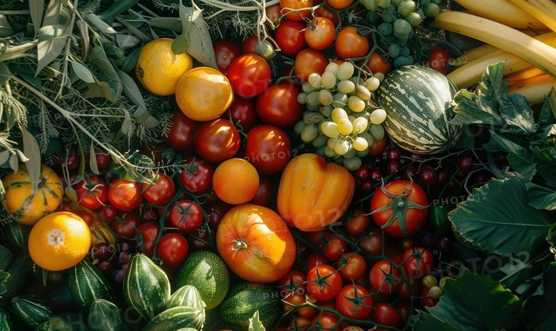 Tomatoes background. Top view of different varieties of tomatoes. Vegetables background. AI generated