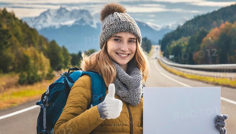 AI generated, human, humans, person, persons, woman, woman, one person, 20, 25, years, outdoor, seasons, cap, bobble hat, gloves, winter jacket, cold, cold, backpack, woman wants to travel, hitchhiking, hitchhiking, hitchhiking, road, motorway
