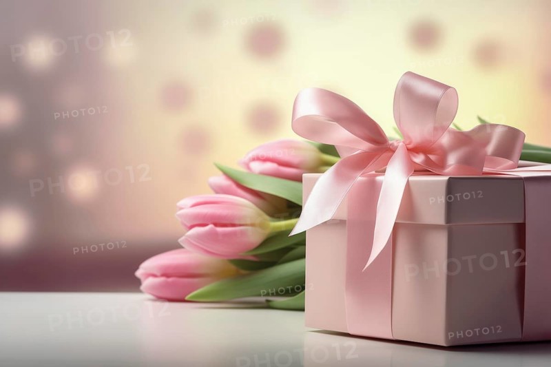 Gift Box with Pink Ribbon Beside bouquet of Fresh Tulips on Bokeh Background. Good for Valentine day, March 8, mother day, spring holidays, birthday designs, AI generated