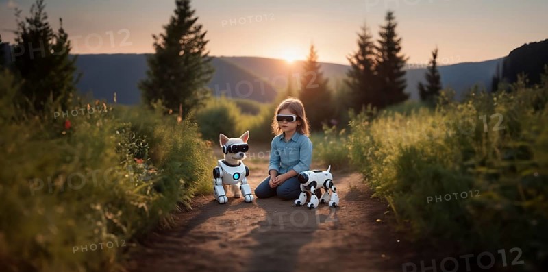 Child in VR glasses with a robot dog in nature. The concept of robotics in children's lives, AI generated