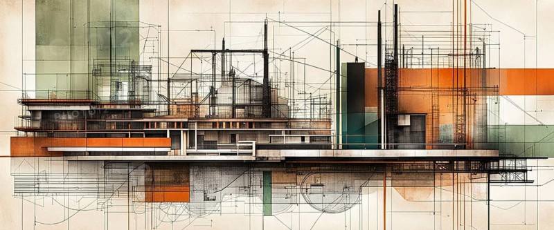 Building design overlaid on architectural blueprints with green and orange accents, horizontal 2.4:1 aspect ratio, off white background color, AI generated