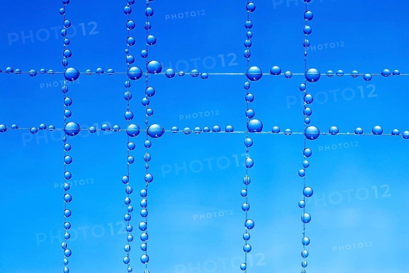 Small blue water droplets hang on fishing line