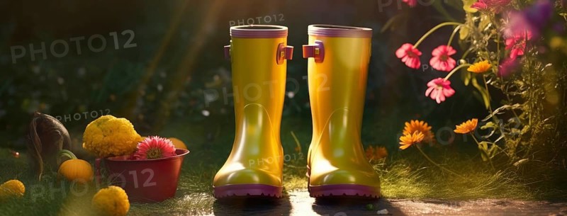 Spring gardening concept: old watering can, bouquet of spring flowers with gumboots and pots in the spring park at sunset, AI generated
