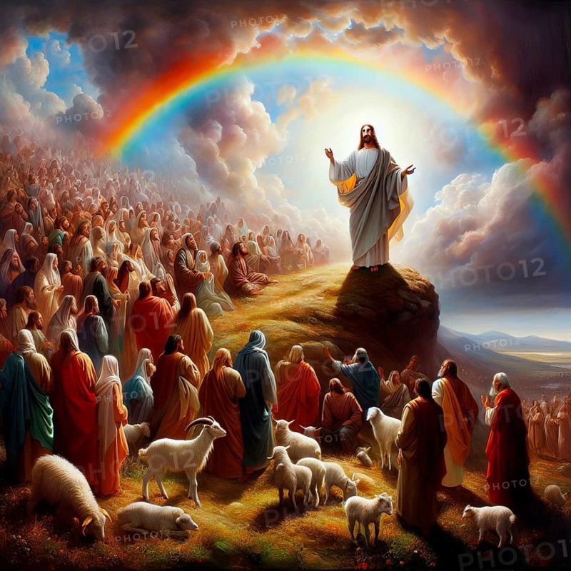 Jesus Christ proclaims the Sermon on the Mount, symbolic image myth, religion, saviour, Christianity, martyr, Jesus of Nazareth, New Testament, AI generated, AI generated