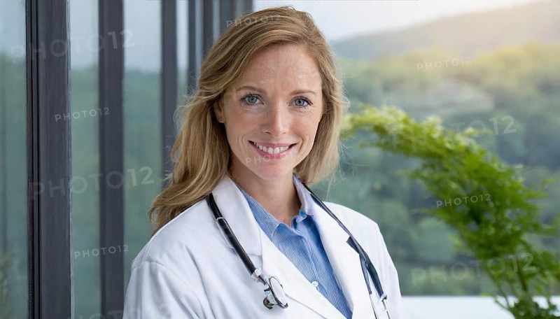 AI generated, A young pharmacist in her pharmacy, portrait, 30, 35, years, female, blonde, blond, blonde, beautiful teeth, smiles, long hair, profession, professions, medicines in the background