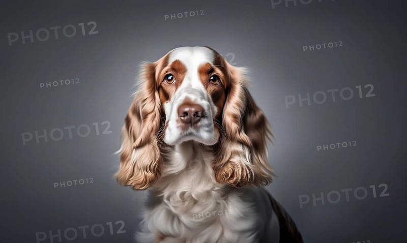 English cocker spaniel young dog posing. white and brown dog or pet playing happy, isolated, AI generated