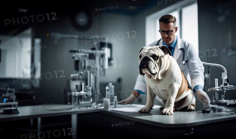 English bulldog dog in a veterinary clinic with a veterinarian, AI generated