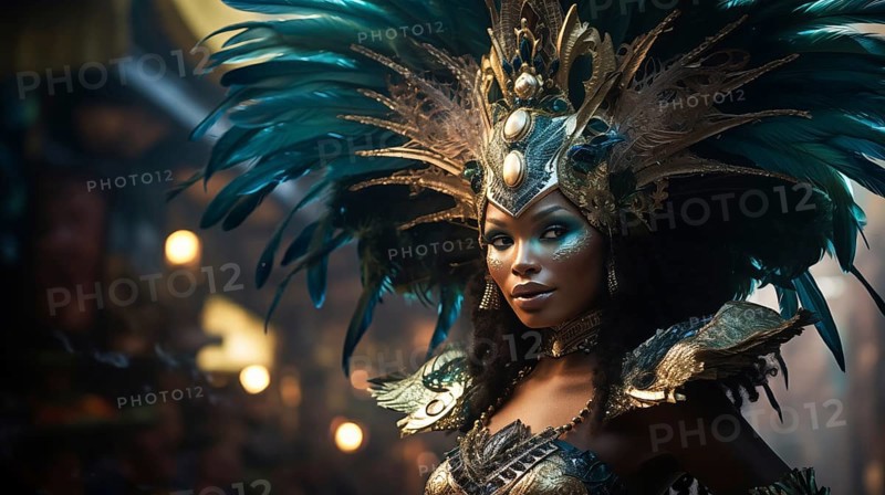 Captivating image capturing the essence of the Rio Carnival, showcasing a dancer adorned in an elaborate, vibrant costume, embodying the spirit and energy of this iconic festival, AI generated