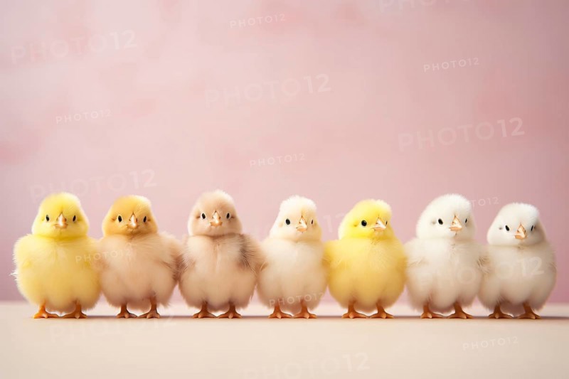Small Easter chicks in a row on pastel pink studio background with copy space KI generiert, generiert AI generated