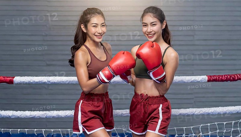 AI generated, woman, woman, 35, years, thai, thai, sport, boxing, gloves, thai boxing, muay thai, two people, portrait, athletic, fight, fighting, popular sport, thai boxer, boxing, boxing ring, thai woman