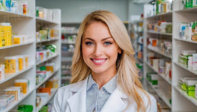 AI generated, A young pharmacist in her pharmacy, portrait, 30, 35, years, female, blonde, blond, blonde, beautiful teeth, smiles, long hair, profession, professions, medicines in the background