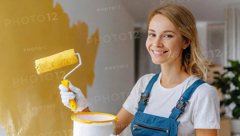 AI generated, woman, woman, a young girl paints a wall with new paint, yellow, yellow, renovation of old flat, paint roller, ladder, paint, 20, 25, years, one, one person, daughter, student, pastime, family, girl, smiling, smiling, fun at work, laughing, laughing, laughing, dungarees, jeans