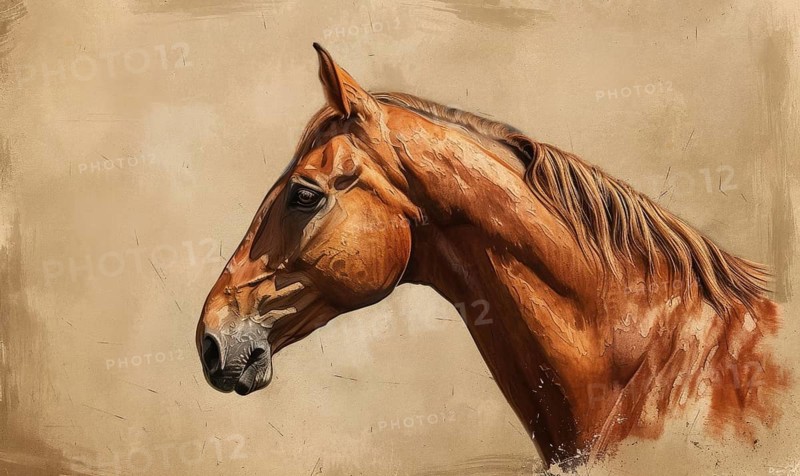 Painting of a brown horse's profile against a textured sepia background AI generated