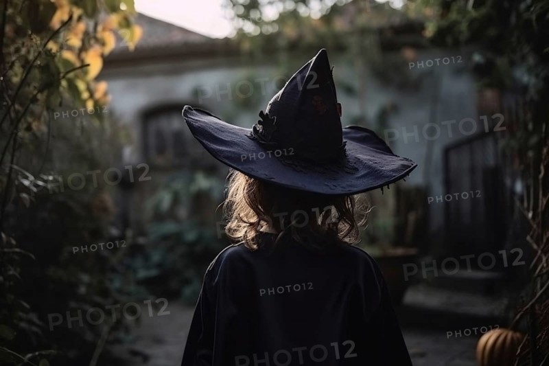 Back view of child in black Halloween witch costume. KI generiert, generiert AI generated