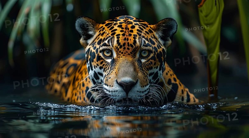 Close-up of a Jaguar (Panthera onca), the King of the Amazon Jungle. partially submerged in water with an intense gaze, ai generated, AI generated