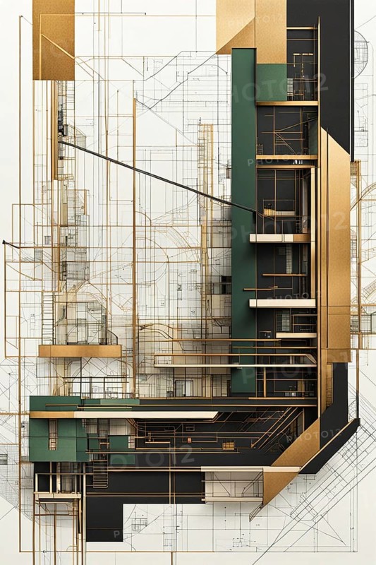 Architectural section drawing highlighted with green and gold tones, vertical aspect ratio, off white background color AI generated