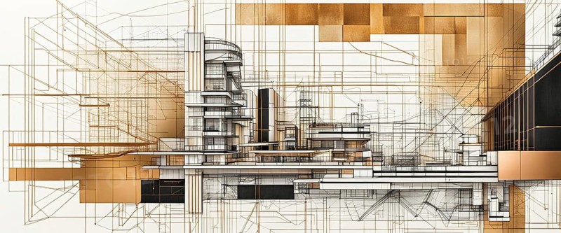 Sepia-toned palette architectural sketches overlaying a 3D building model with abstract lines, horizontal aspect ratio, off white background color, AI generated