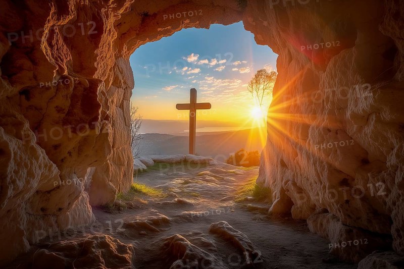 Easter concept cross on Golgotha Calvary hill against a dramatic sunset seen from open tomb of Jesus, AI generated