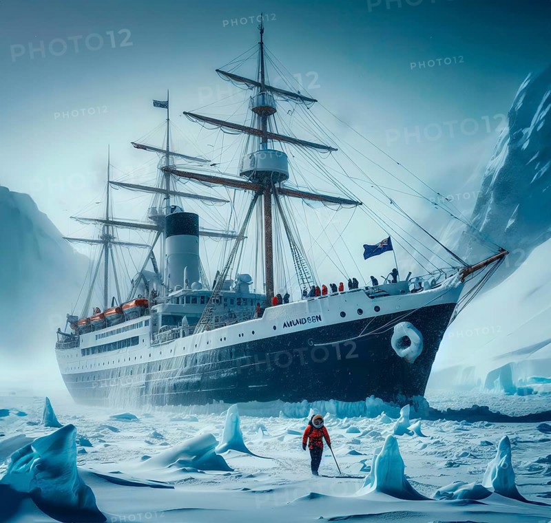 The research vessel of a polar expedition is frozen in the ice off the snow-covered coast of Antarctica, symbolic image polar research, AI generated, AI generated