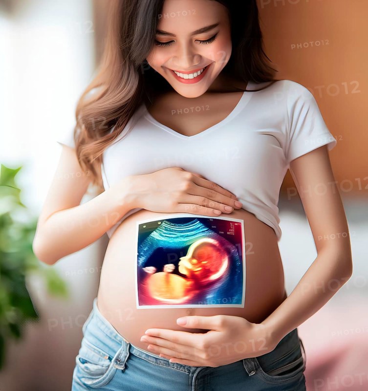 A pregnant young woman with the ultrasound image of her unborn baby in the womb, symbolic image pregnancy, embryo, foetus, desire to have children, AI generated, AI generated