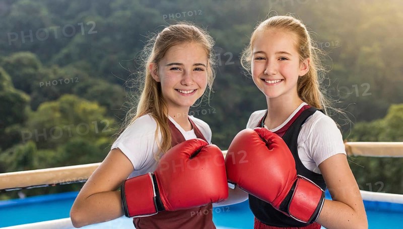 AI generated, girl, 15, years, Thai, Thai, sport, boxing, gloves, Thai boxing, Muay Thai, two people, portrait, athletic, fight, fighting, popular sport, Thai boxer, boxing, boxing ring, blond, blonde, blonde, European