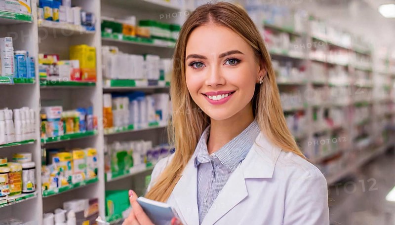 AI generated, A young pharmacist in her pharmacy, portrait, 30, 35, years, female, blonde, blond, blonde, beautiful teeth, smiles, long hair, profession, professions, medicines in the background