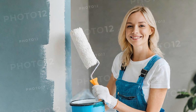 AI generated, woman, woman, a young girl paints a wall with new paint, white, whiter, white, renovation of old flat, paint roller, ladder, paint, 20, 25, years, a, a person, daughter, student, pastime, family, girl, smiling, smiling, fun at work, laughing, laughing, laughing, dungarees, jeans