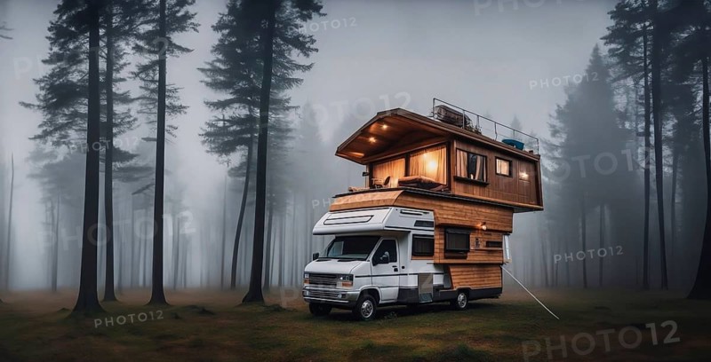 Camper van wooden motorhome, creative high-tech motorhome two-level in nature. Outdoor recreation, isolation, AI generated