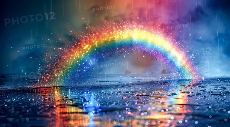 A dazzling rainbow reflected on a wet surface with rain droplets amidst vibrant colors, ai generated, AI generated
