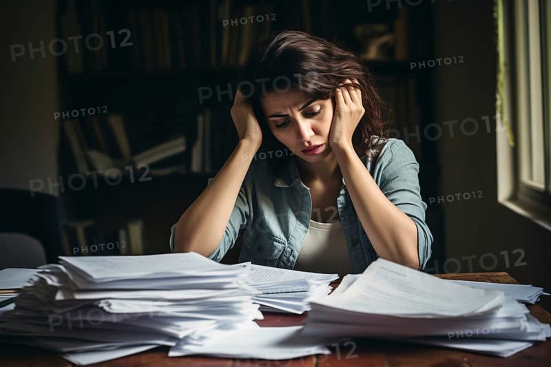 Stressed young woman at desk full of paperwork. KI generiert, generiert AI generated