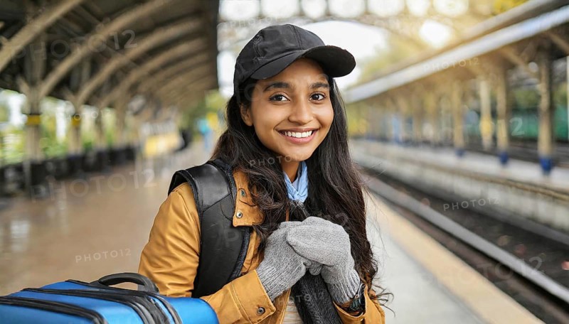 AI generated, A young blonde woman wants to travel and waits for the train at the station, 20, 25, blonde, blond, blonde, modern, modern, aluminium suitcase, handbag, fur jacket, white, sneakers, shoes, sexy, attractive, attractive, long-haired, transport, traffic