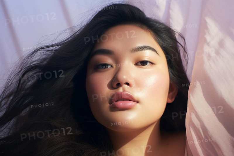 Portrait of beautiful Asian plus size model with round face and long black hair. KI generiert, generiert AI generated